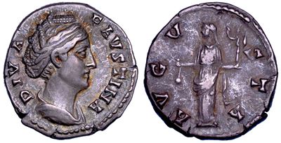 FAUSTINA I, Denario con ritratto e simboli religiosi