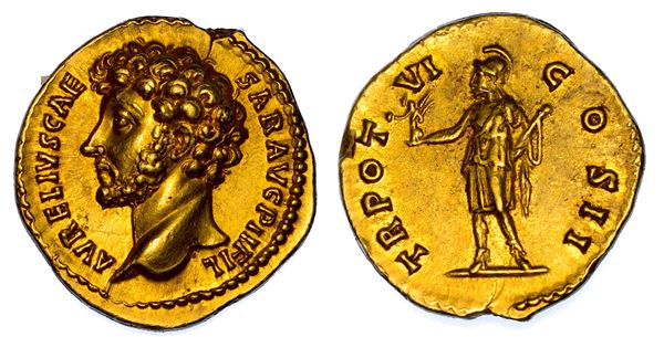 MARCO AURELIO (Cesare). Aureo, 151-152.