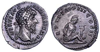 Lucio Vero, Denario con la Parthia seduta, 161-169 d.C.