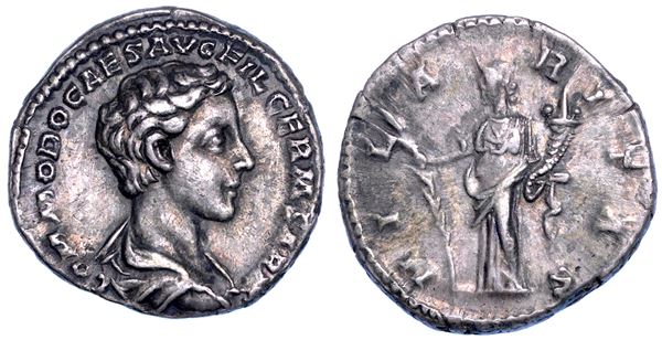 COMMODO (Cesare), 166-177. Denario, 175-176. Roma.