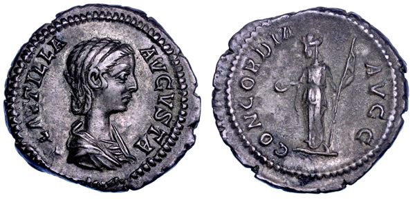 PLAUTILLA (moglie di Caracalla), 202-205. Denario.