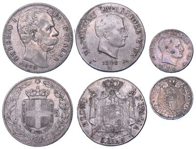 Napoleone I, 5 Lire 1808 e 1810, Umberto I di Savoia, 5 Lire 1879 - Lotto di tre monete