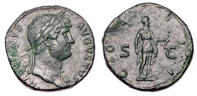 Adriano, Sesterzio con Busto di Hadrianus e Diana, anni 125-128