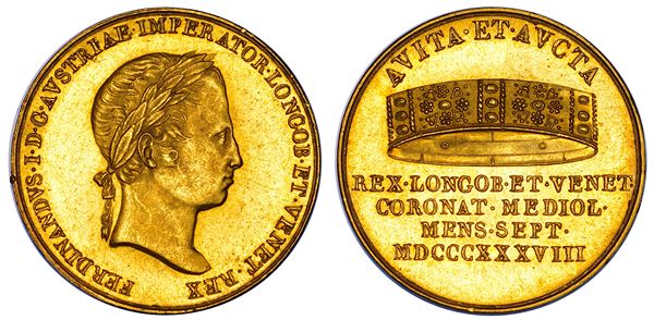 MILANO. FERDINANDO I D’ASBURGO-LORENA, 1835-1848. Da uno zecchino e mezzo o mezza sovrana 1838. Emissione speciale per il giuramento.