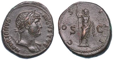 Adriano, Busto laureato a destra, Asse, circa anni 124-125
