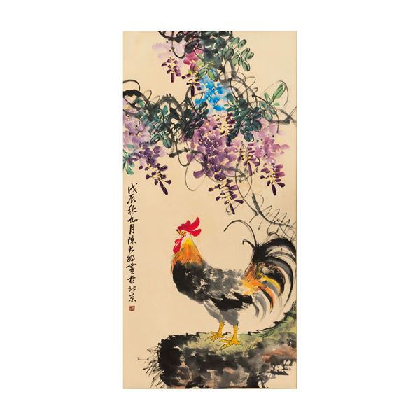 Scroll depicting a rooster with plant decorations and inscriptions, China, Qing Dynasty, 19th century