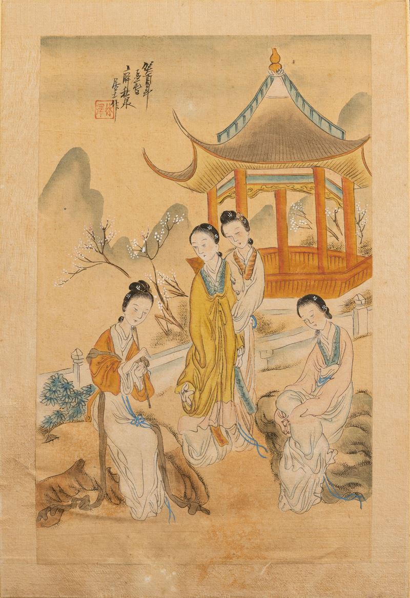 Dipinto su seta raffigurante fanciulle con iscrizioni, Cina, Repubblica  - Auction Fine Asian Works of Art - Cambi Casa d'Aste