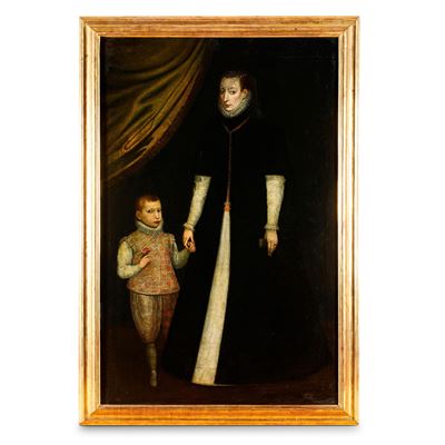 Scuola dell’inizio del XVII secolo, Ritratto a figura intera di dama con infante, olio su tela