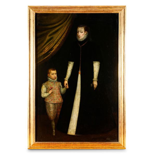 Scuola dell’inizio del XVII secolo Ritratto a figura intera di dama con infante