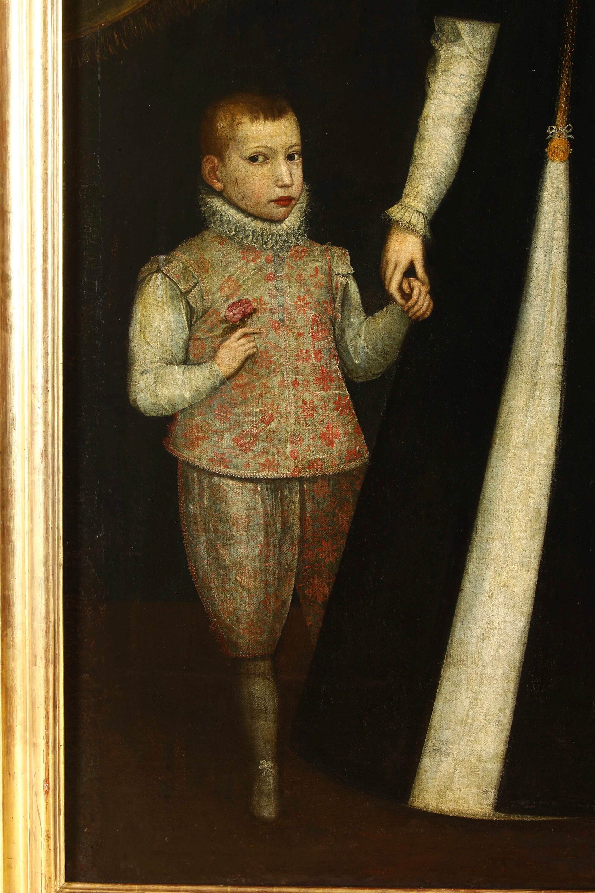 Scuola dell’inizio del XVII secolo, Ritratto a figura intera di dama con infante, olio su tela