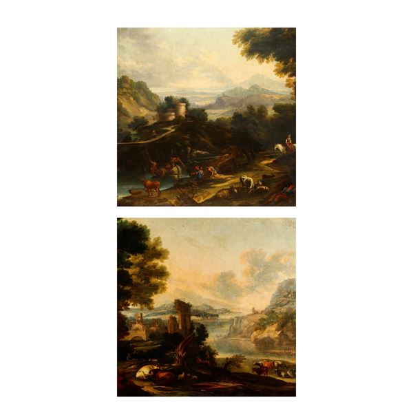 Scuola romana del XVIII secolo Paesaggi fluviali con pastori, viandanti e armenti