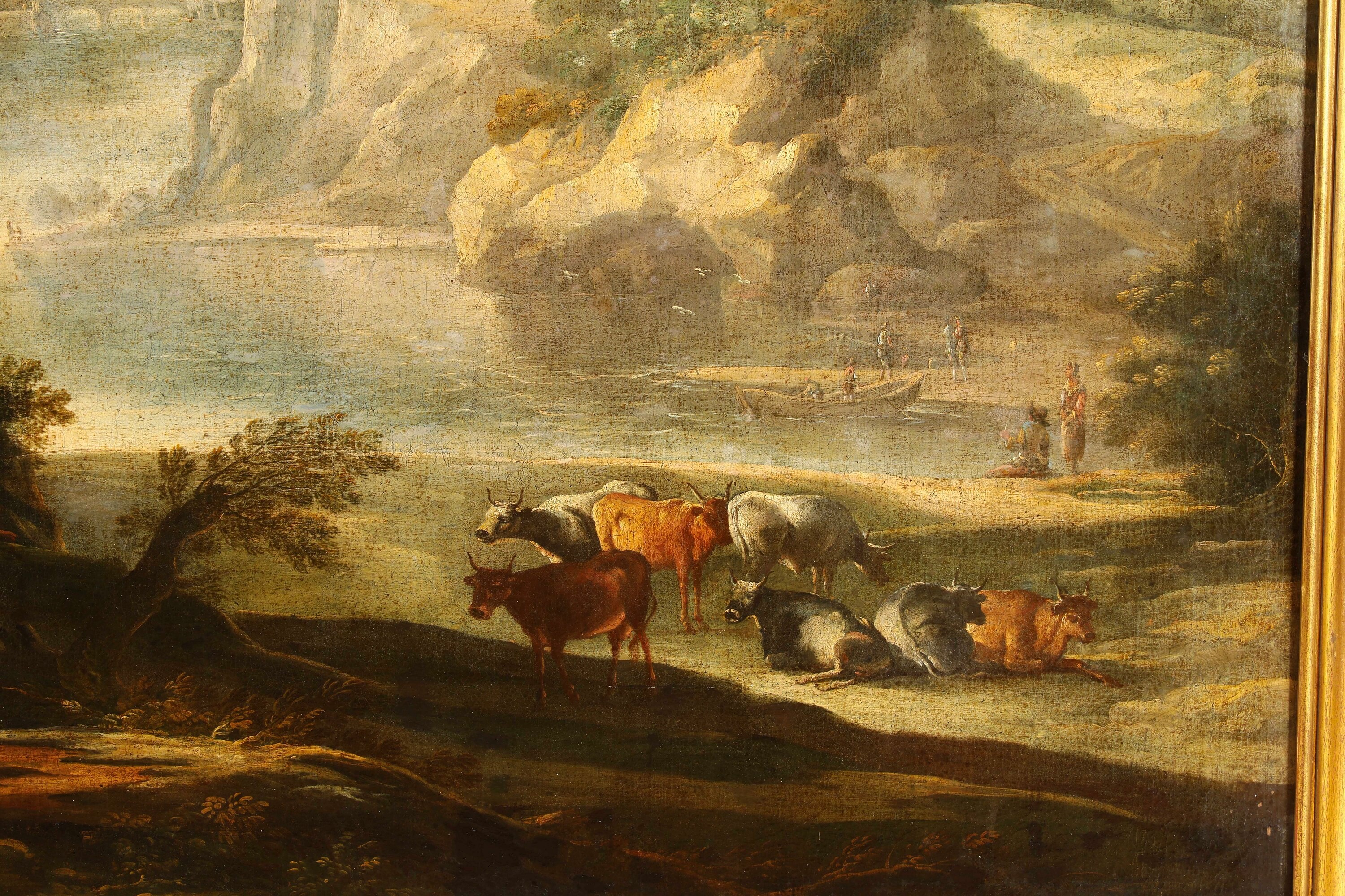 Scuola romana del XVIII secolo, Paesaggi fluviali con pastori, viandanti e armenti, olio su tela