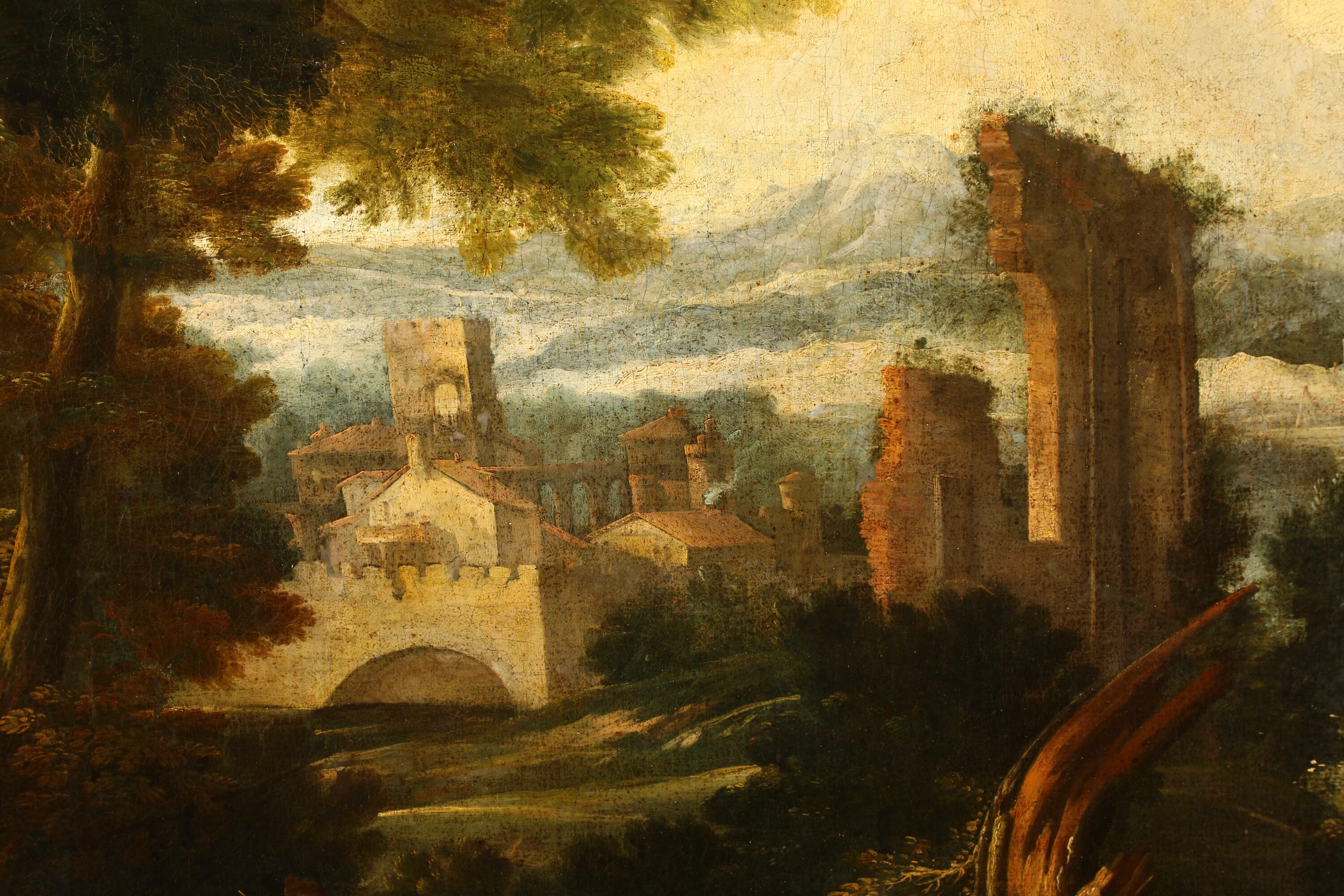 Scuola romana del XVIII secolo, Paesaggi fluviali con pastori, viandanti e armenti, olio su tela