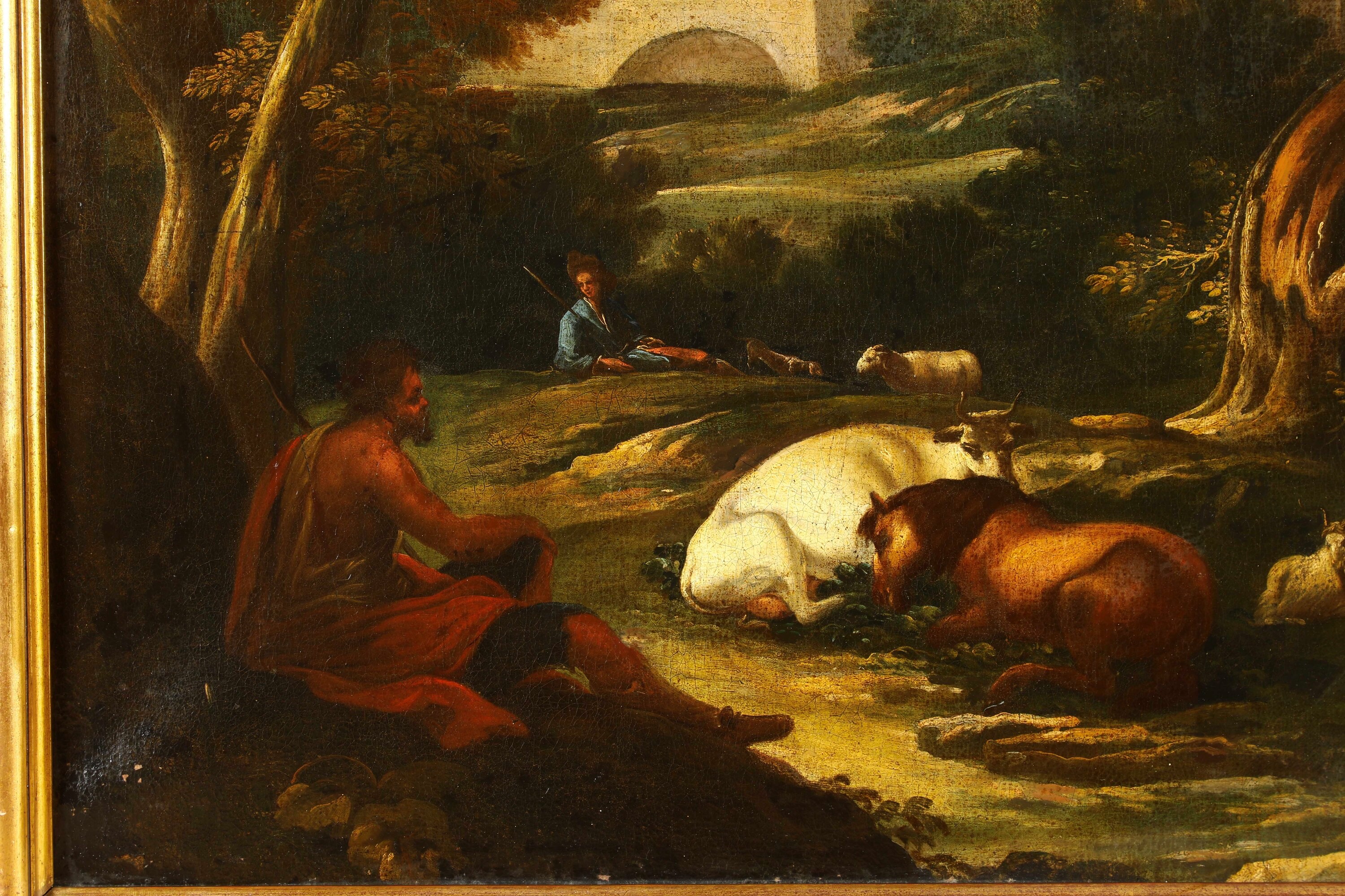 Scuola romana del XVIII secolo, Paesaggi fluviali con pastori, viandanti e armenti, olio su tela