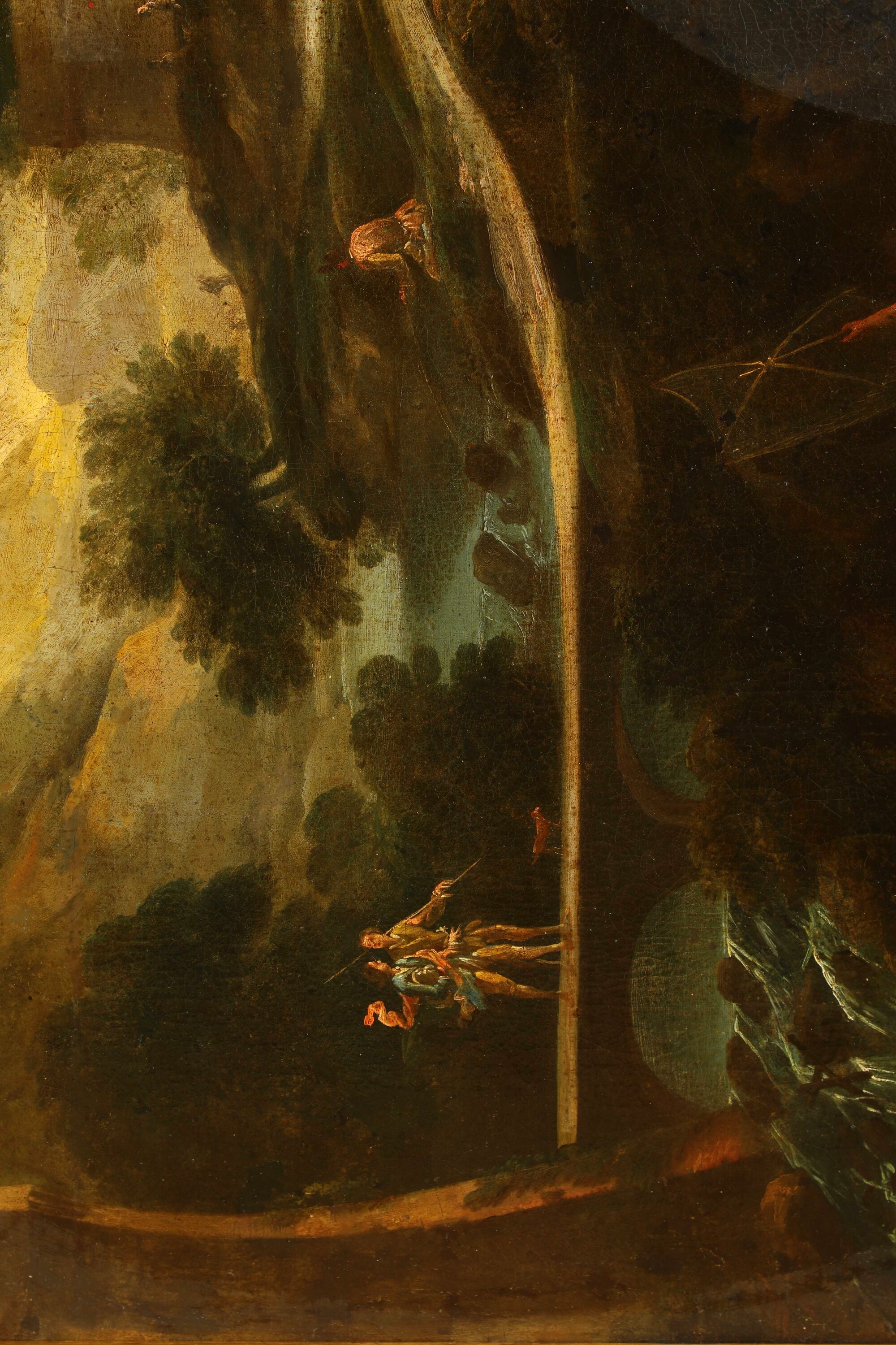 Scuola romana del XVIII secolo, Paesaggi fluviali con pastori, viandanti e armenti, olio su tela