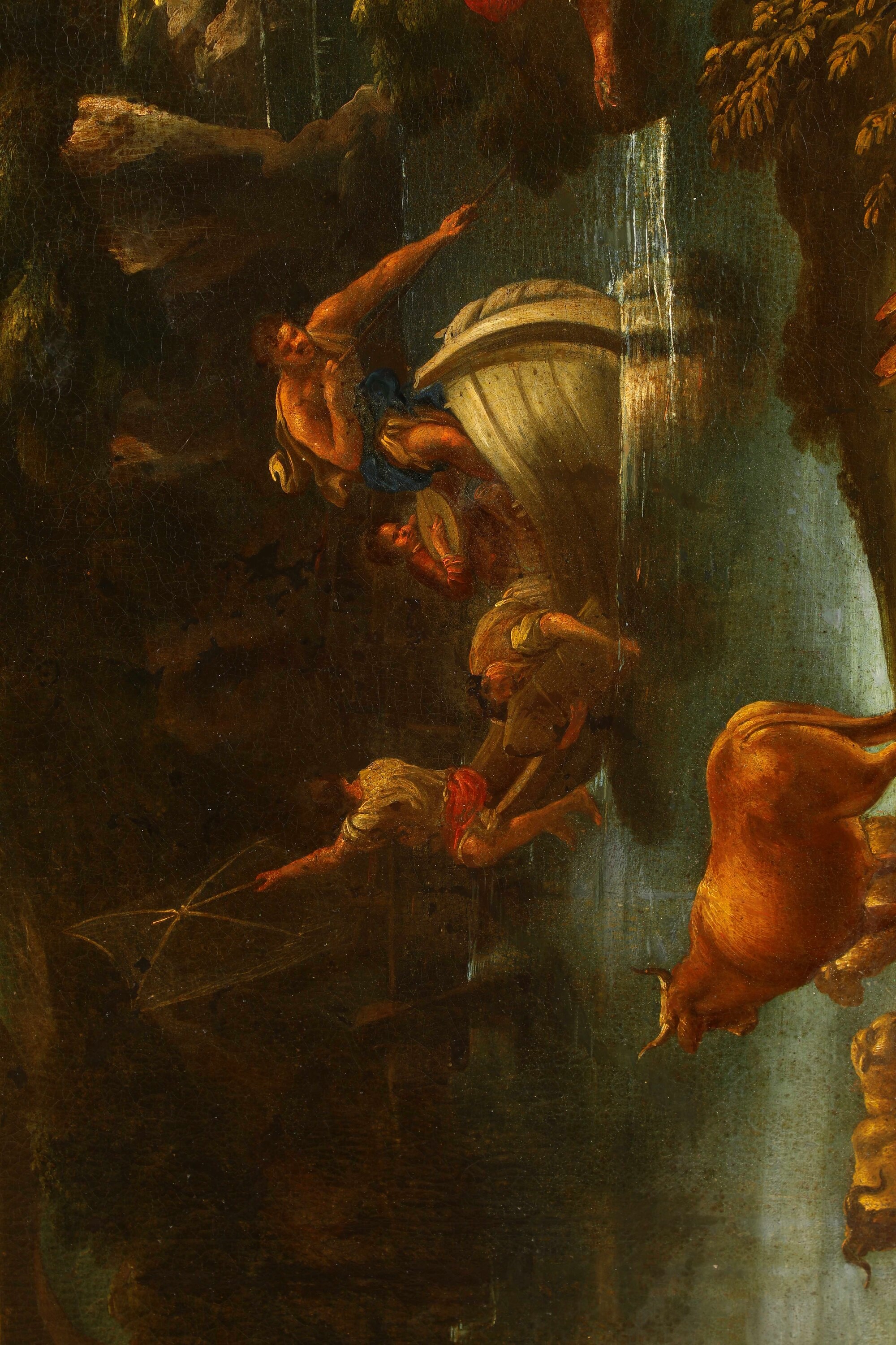 Scuola romana del XVIII secolo, Paesaggi fluviali con pastori, viandanti e armenti, olio su tela