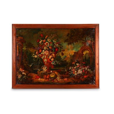 Scuola del XIX secolo, Veduta di giardino con composizione di fiori e frutti, olio su tela