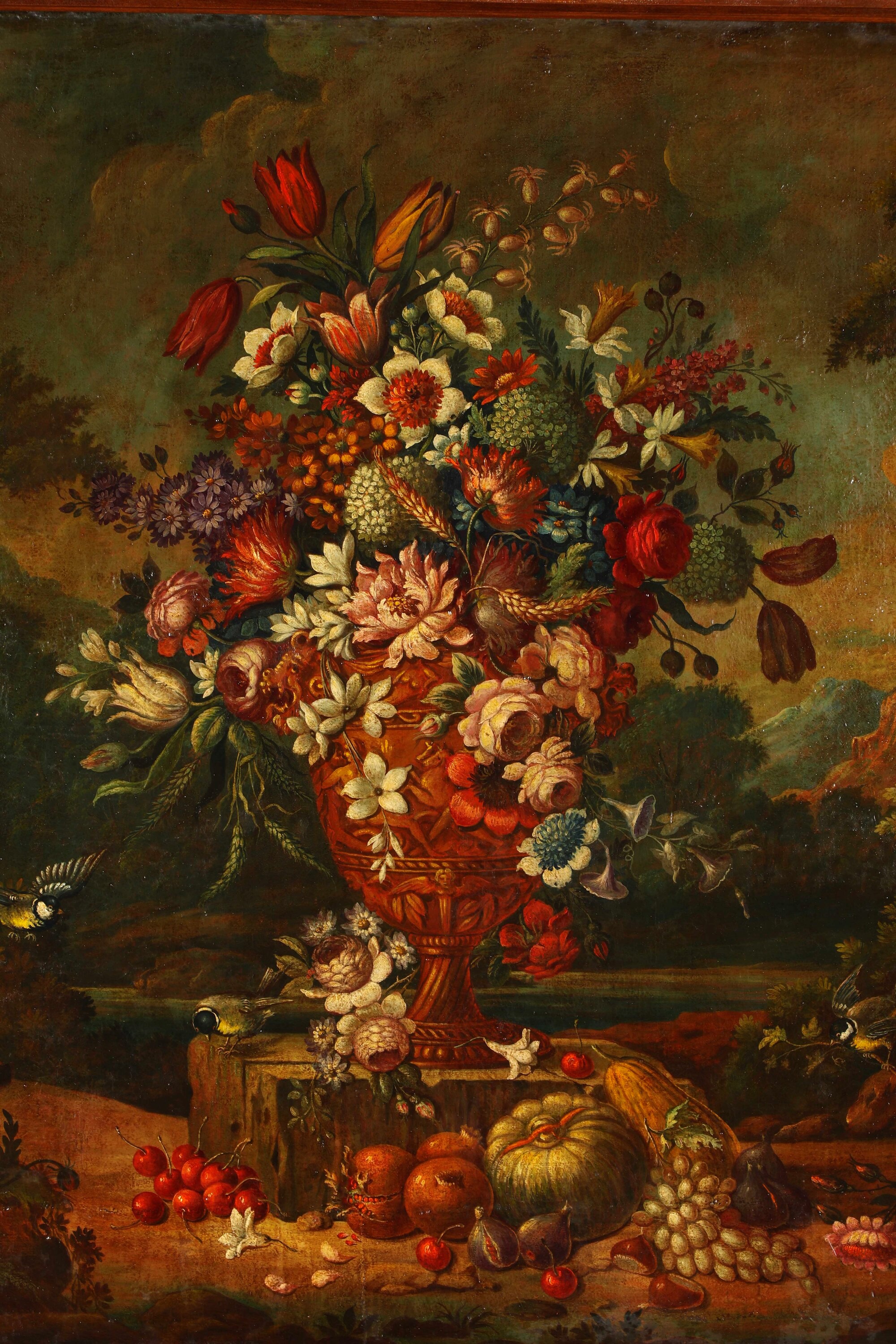 Scuola del XIX secolo, Veduta di giardino con composizione di fiori e frutti, olio su tela