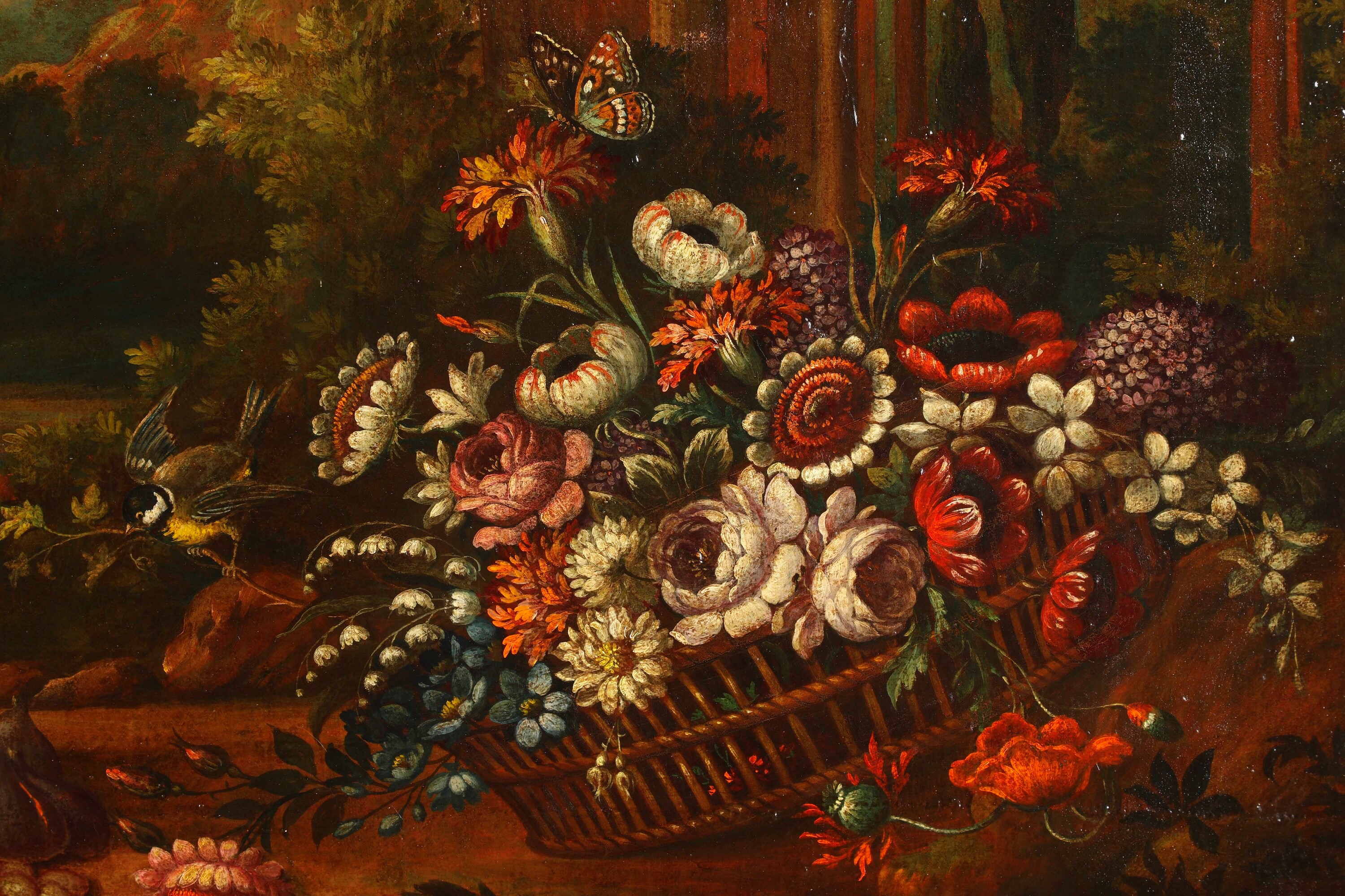 Scuola del XIX secolo, Veduta di giardino con composizione di fiori e frutti, olio su tela