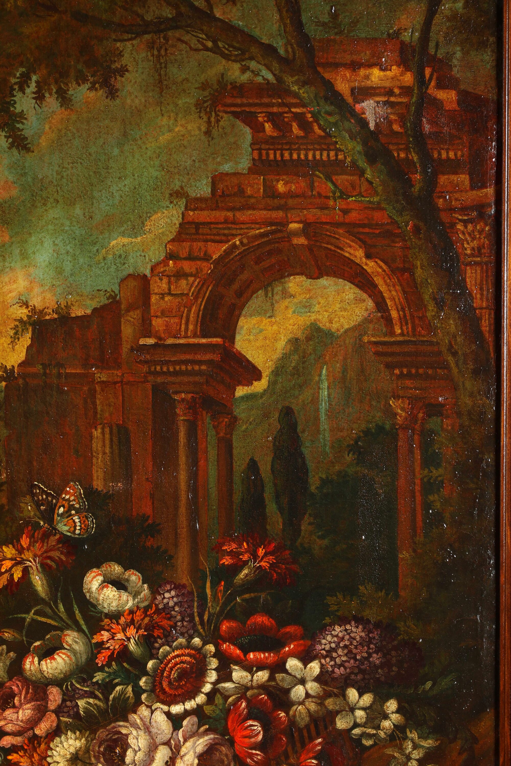 Scuola del XIX secolo, Veduta di giardino con composizione di fiori e frutti, olio su tela