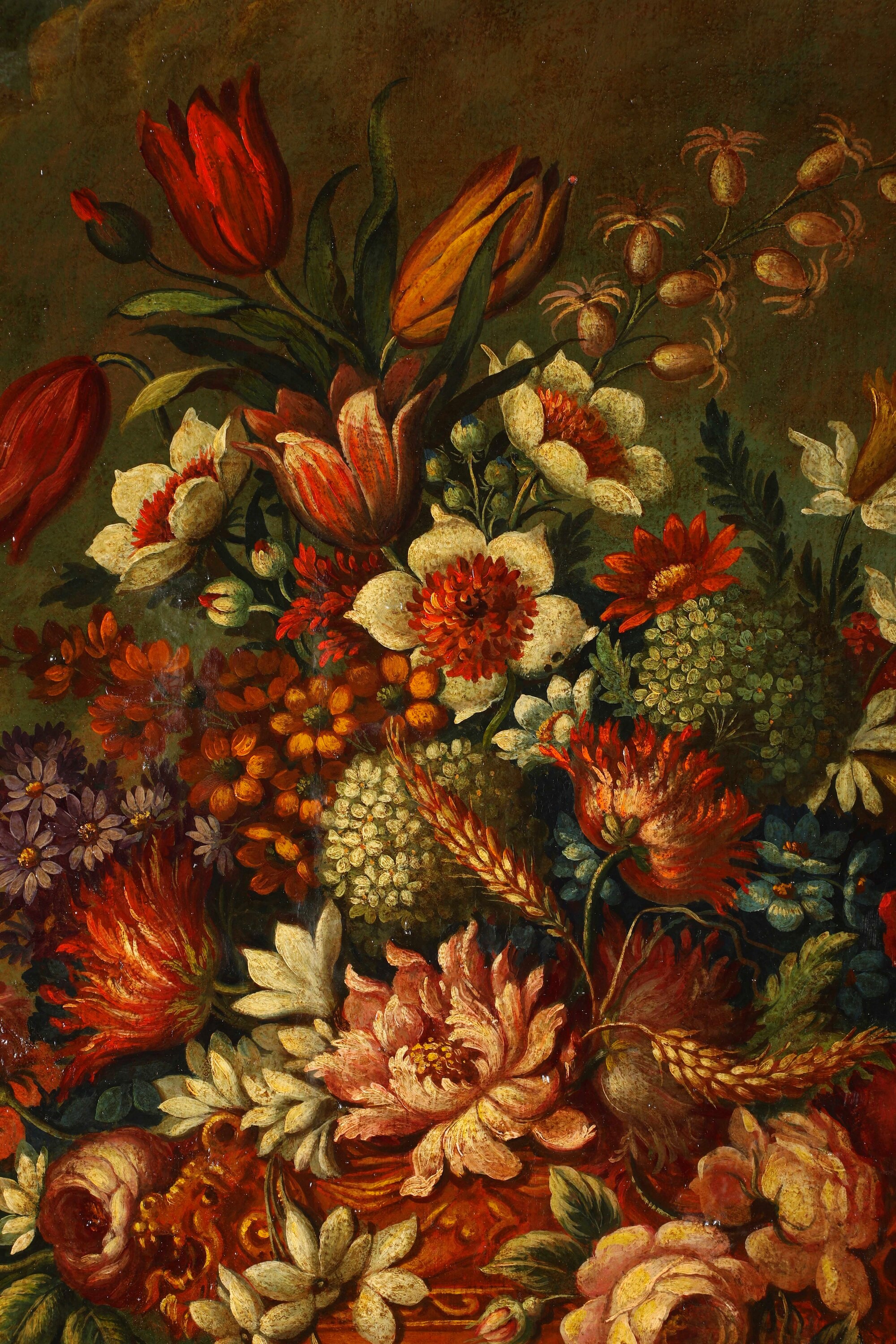 Scuola del XIX secolo, Veduta di giardino con composizione di fiori e frutti, olio su tela