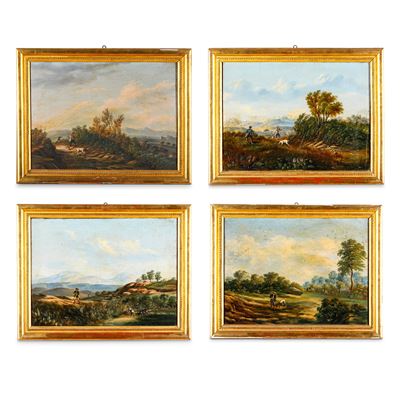 Pittore del XIX secolo, Paesaggi con scene di caccia, quattro dipinti a olio su tela