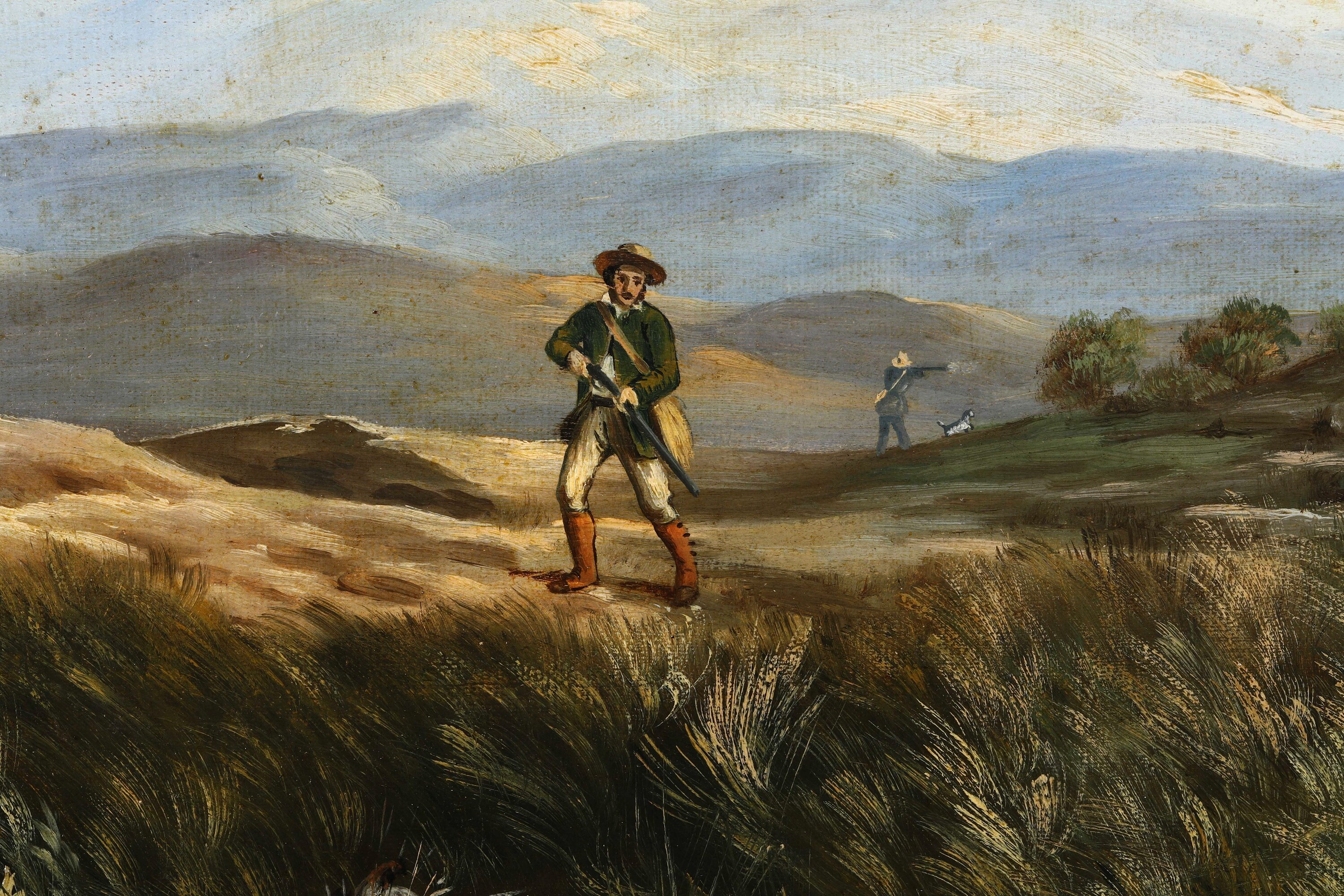 Pittore del XIX secolo, Paesaggi con scene di caccia, quattro dipinti a olio su tela