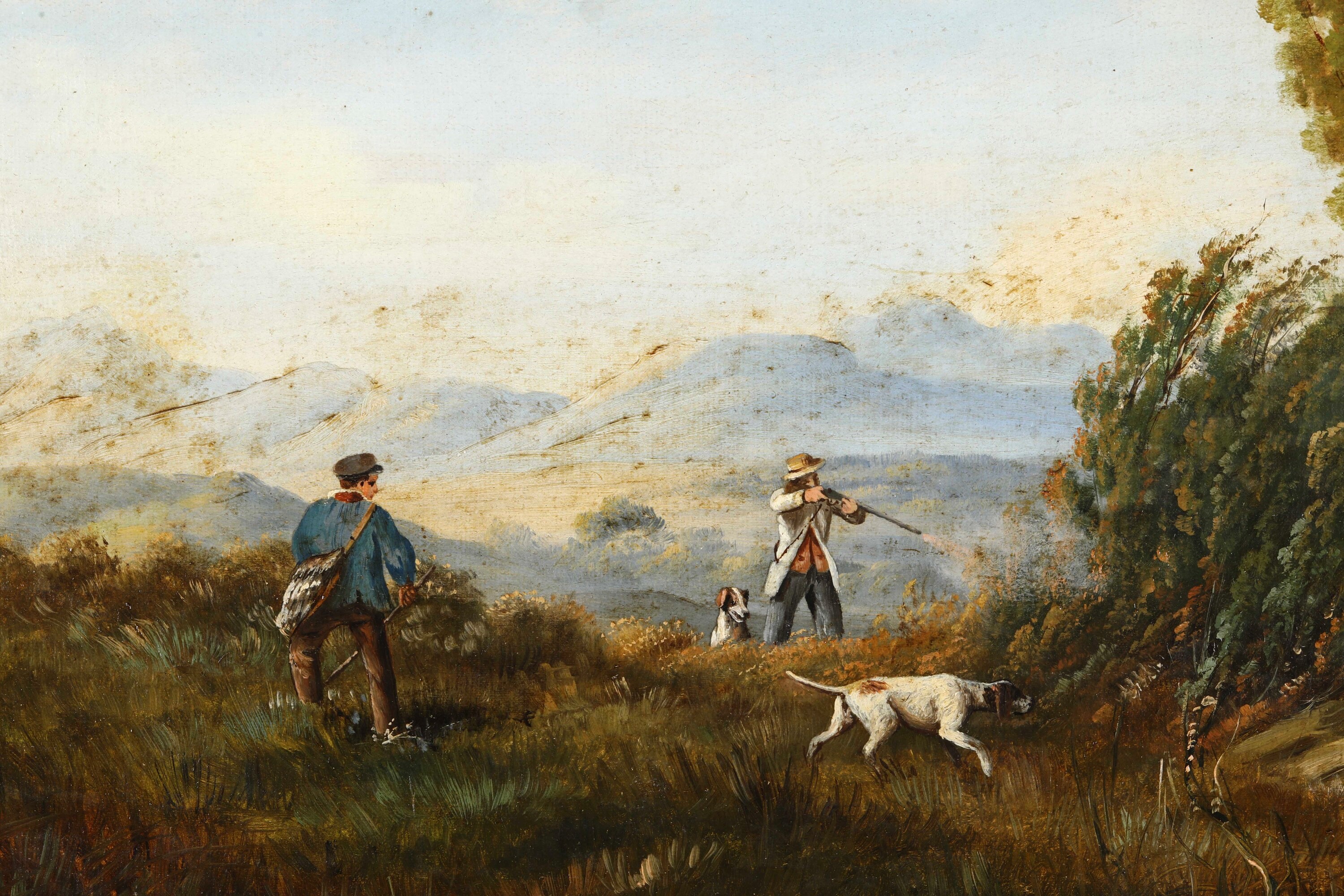 Pittore del XIX secolo, Paesaggi con scene di caccia, quattro dipinti a olio su tela