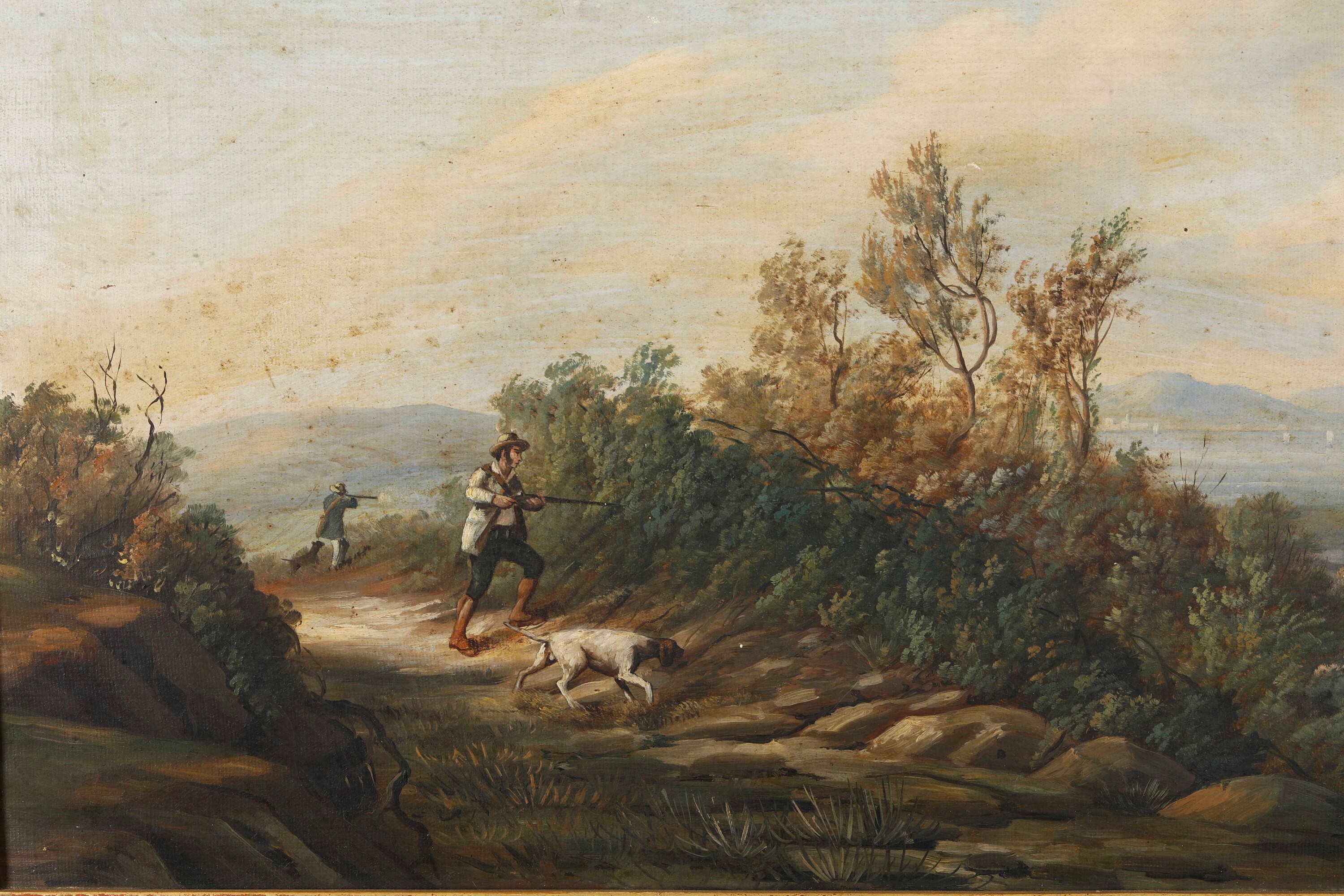 Pittore del XIX secolo, Paesaggi con scene di caccia, quattro dipinti a olio su tela