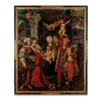 Scuola fiamminga del XVI secolo, Adorazione dei Magi, olio su tela