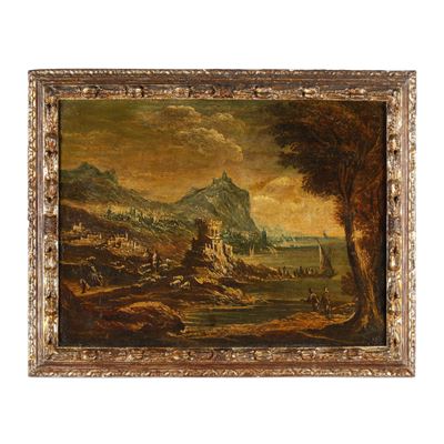 Veduta fantastica con rudere di abbazia e personaggi, olio su tela