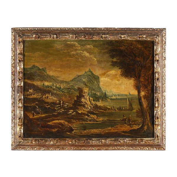 Veduta fantastica con rudere di abbazia e personaggi