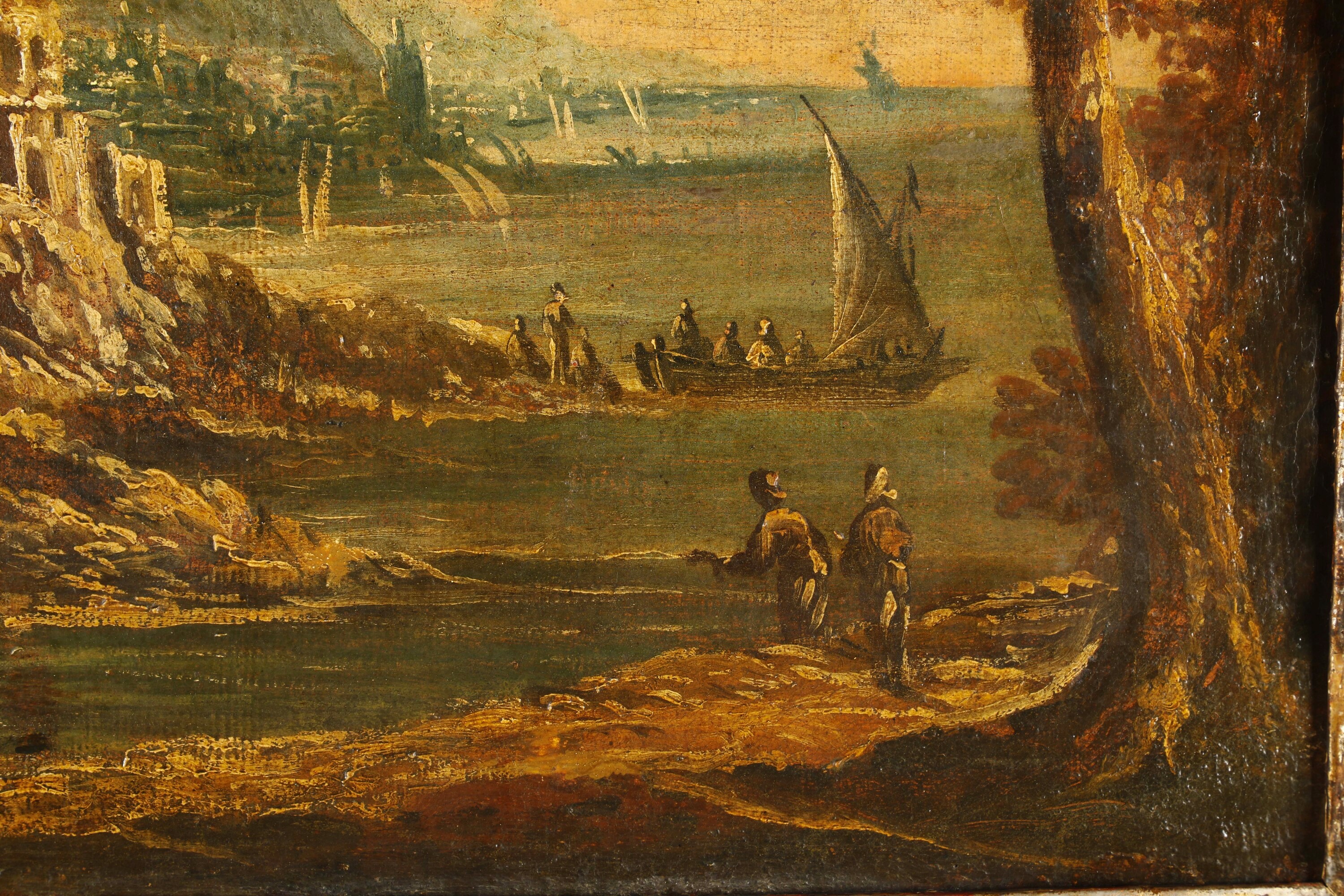 Antonio Travi Detto il Sestri - Veduta fantastica con rudere di abbazia e personaggi, olio su tel...