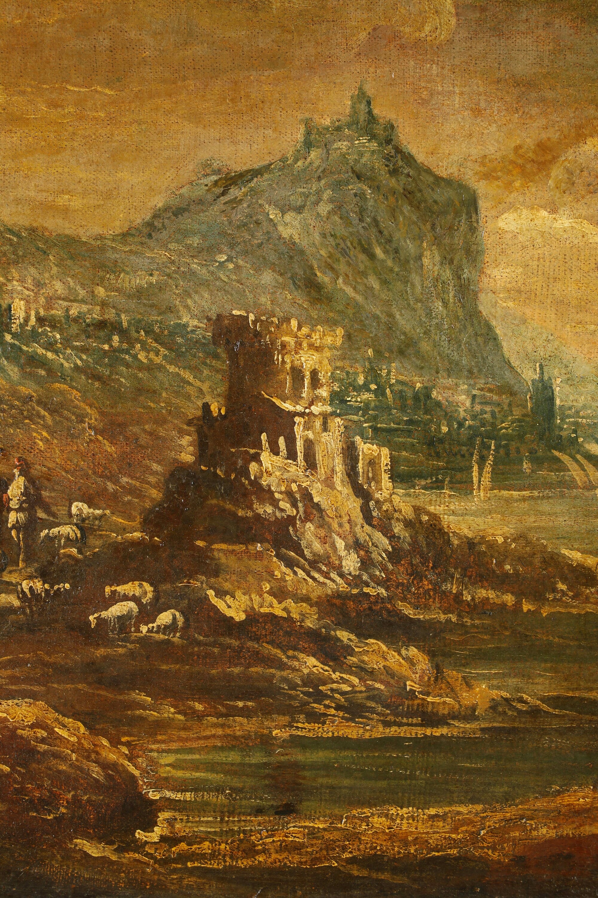 Antonio Travi Detto il Sestri - Veduta fantastica con rudere di abbazia e personaggi, olio su tel...