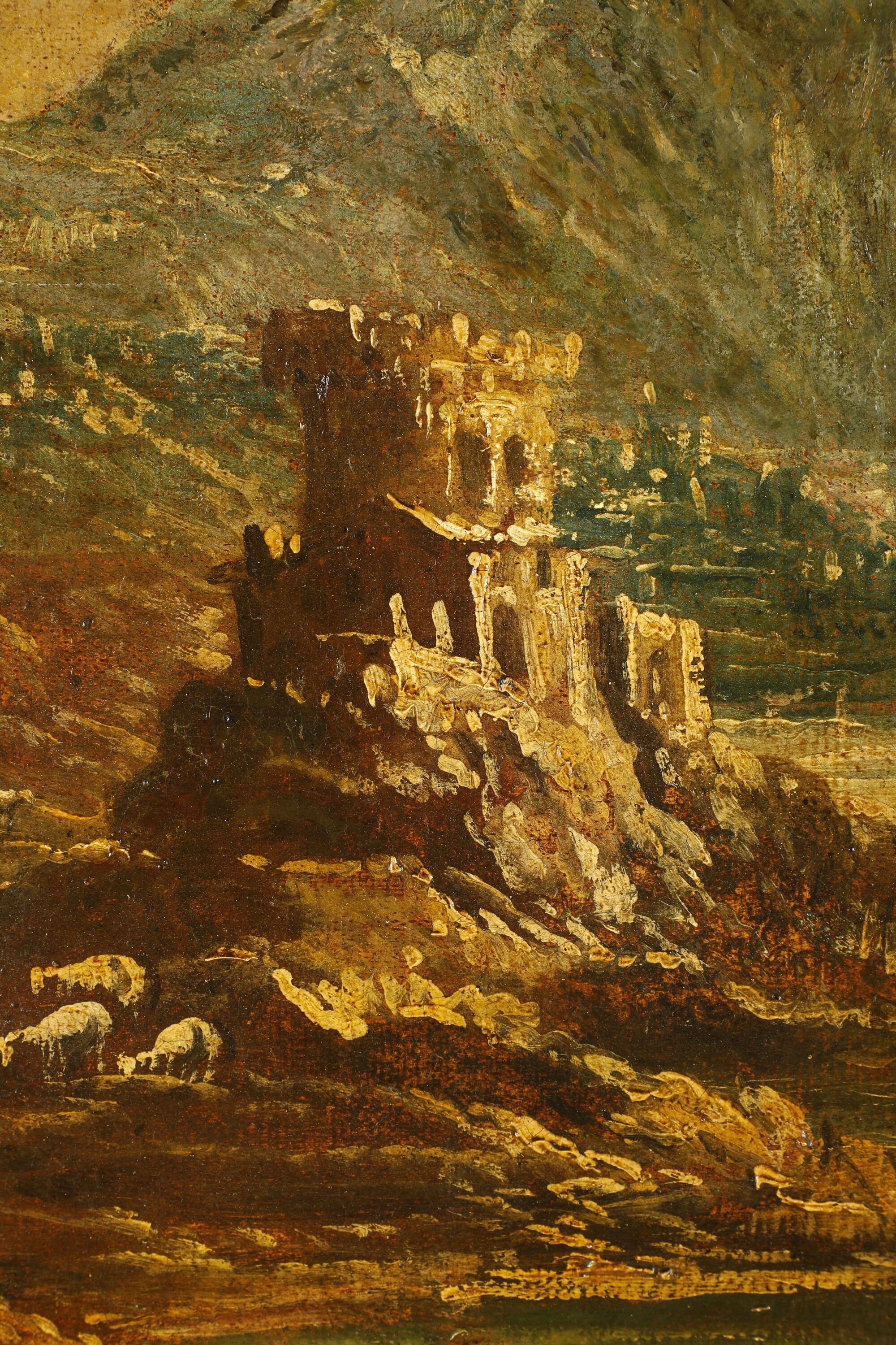 Antonio Travi Detto il Sestri - Veduta fantastica con rudere di abbazia e personaggi, olio su tel...