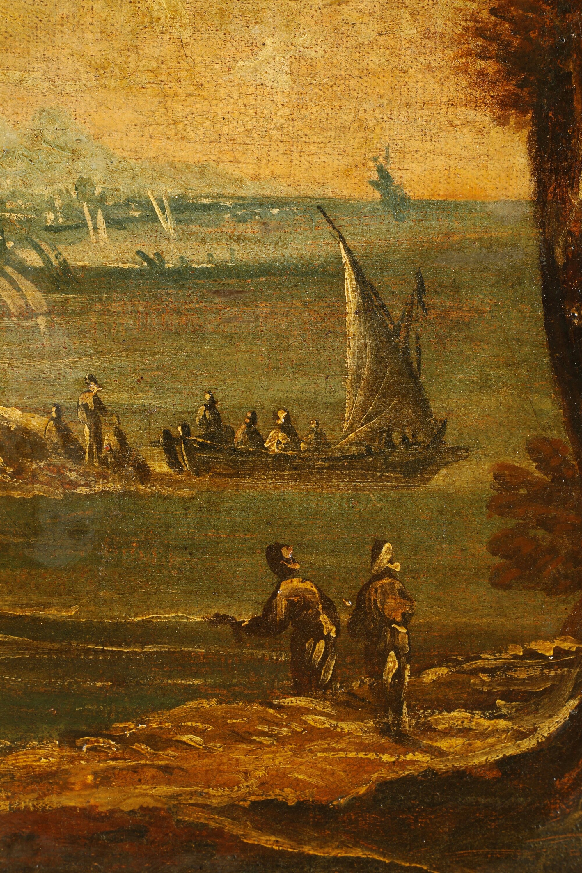 Antonio Travi Detto il Sestri - Veduta fantastica con rudere di abbazia e personaggi, olio su tel...