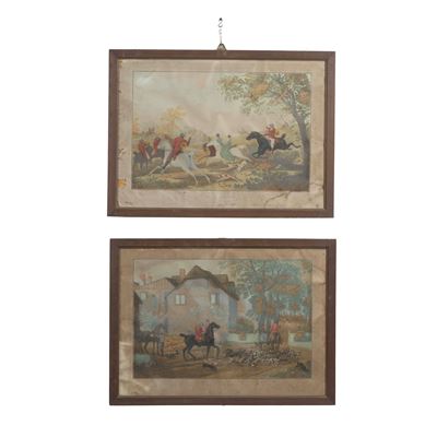 Coppia di Stampe Acquerellate Scene Caccia alla Volpe. Francia XIX Secolo