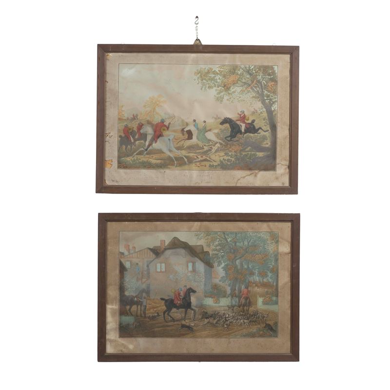 Coppia di stampe acquerellate scene caccia alla volpe. Francia XIX secolo  - Auction Italian Mansions TIME - Cambi Casa d'Aste