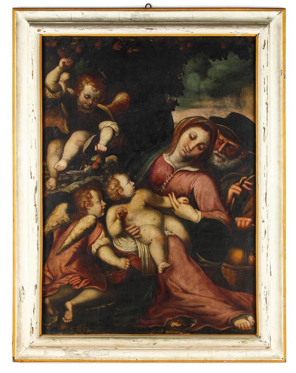 Scuola genovese del XVI secolo Sacra Famiglia con angeli