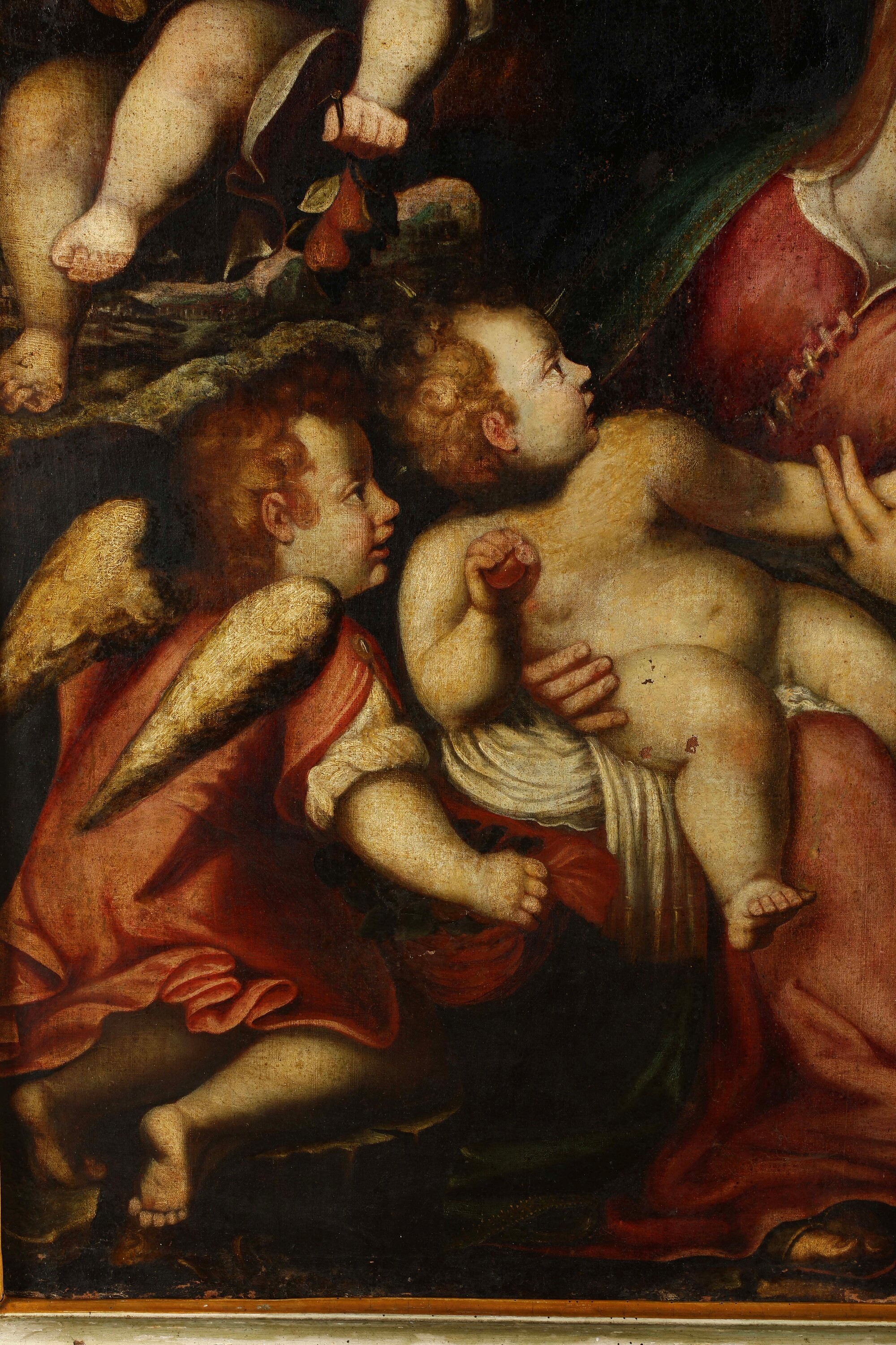 Scuola genovese del XVI secolo, Sacra Famiglia con angeli, olio su tela