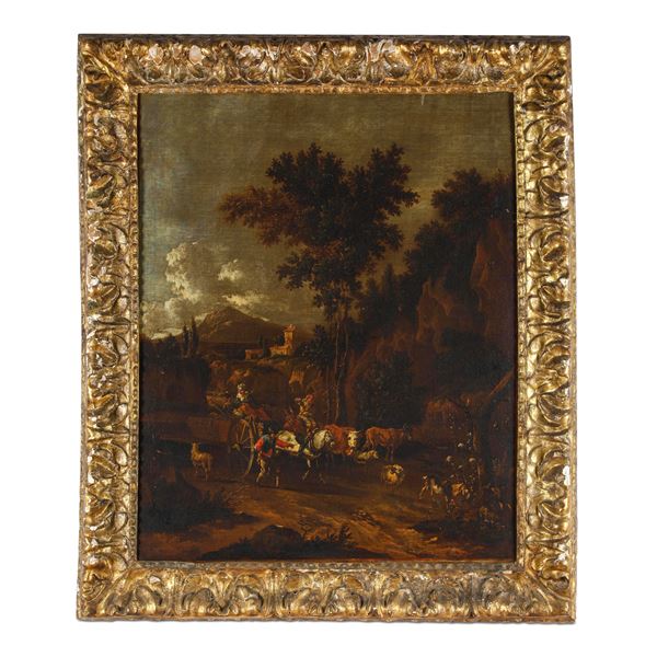 Scuola fiamminga della fine del XVII secolo Scena di genere con contadini e armenti