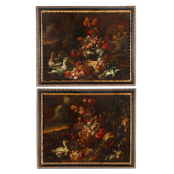 Vedute di paesaggio con volatili e trionfi di fiori