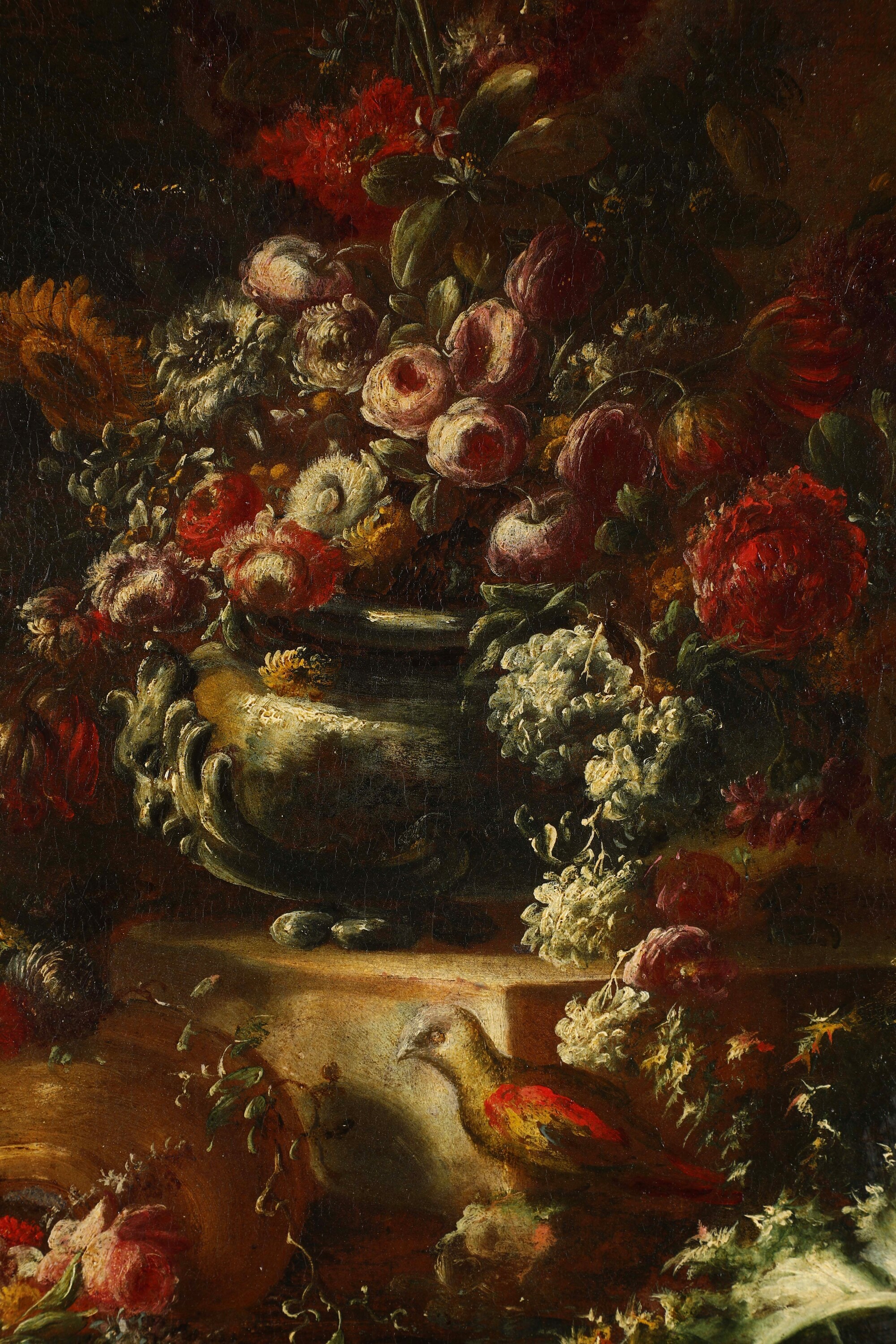 Gaspare Lopez - Vedute di paesaggio con volatili e trionfi di fiori, olio su tela