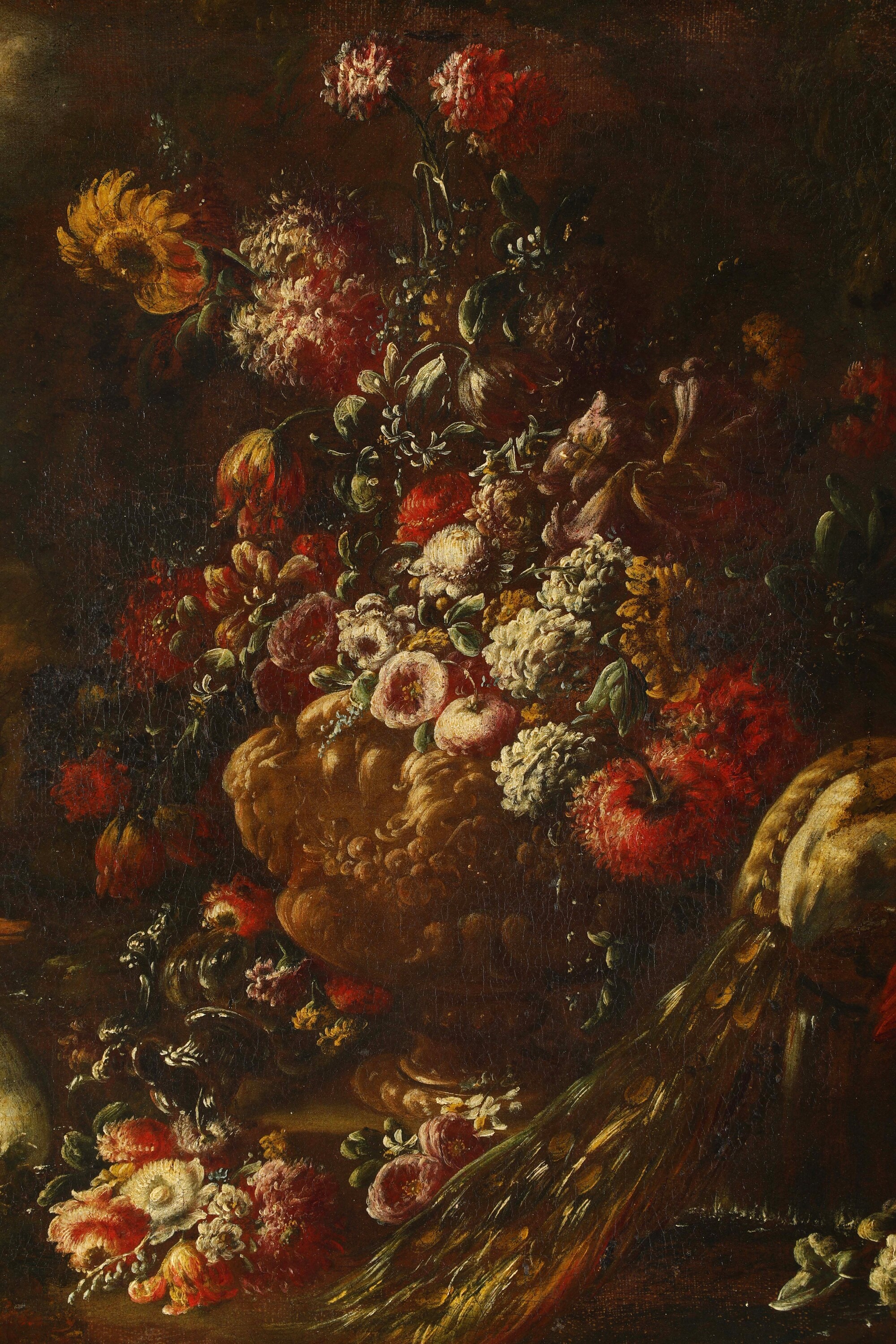 Gaspare Lopez - Vedute di paesaggio con volatili e trionfi di fiori, olio su tela