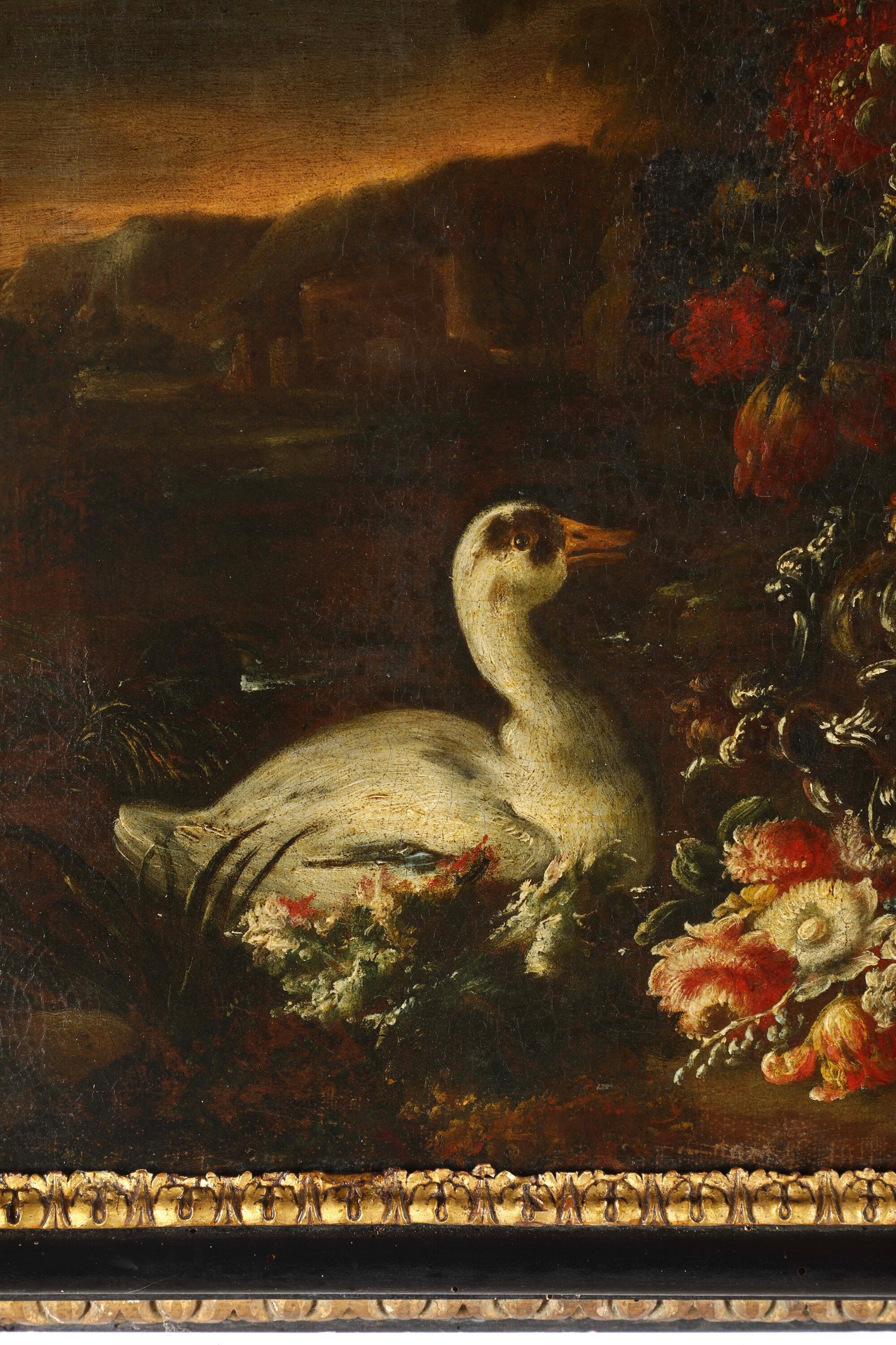 Gaspare Lopez - Vedute di paesaggio con volatili e trionfi di fiori, olio su tela