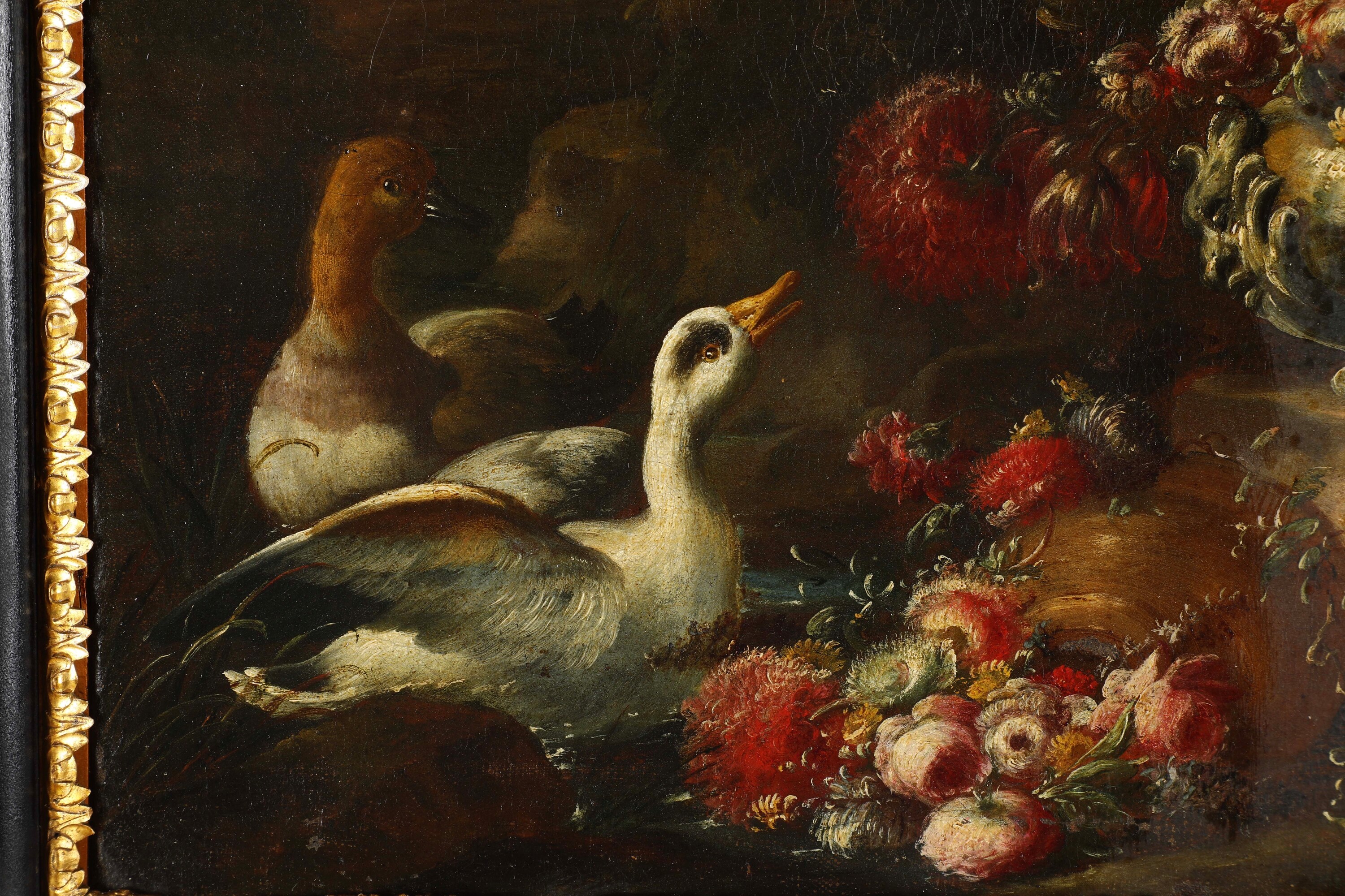 Gaspare Lopez - Vedute di paesaggio con volatili e trionfi di fiori, olio su tela