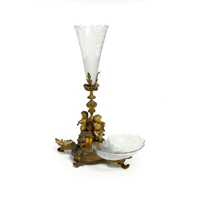 Centro Tavola in Bronzo Dorato con Vaschette e Vaso Portafiori in Cristallo Molato, 1870 Ca
