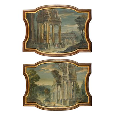Scuola bolognese del XVIII-XIX secolo, Paesaggi con architetture e figure, tempera su tela sagoma...