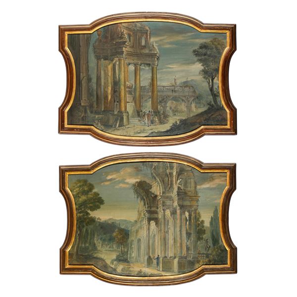 Scuola bolognese del XVIII-XIX secolo Paesaggi con architetture e figure