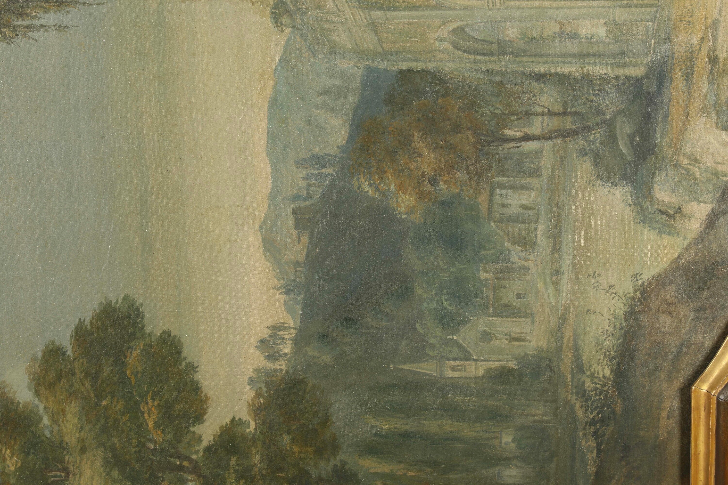 Scuola bolognese del XVIII-XIX secolo, Paesaggi con architetture e figure, tempera su tela sagoma...